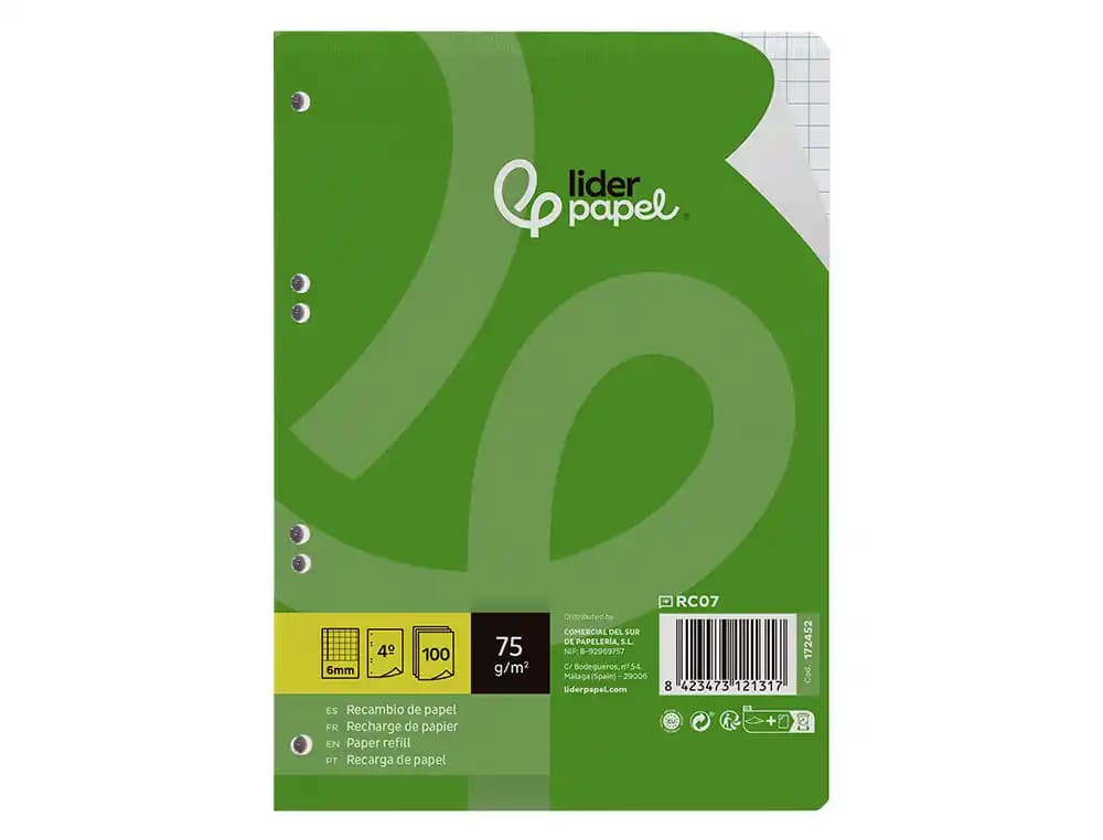 Recambio liderpapel a5 100 hojas 75gr cuadro 6mm con margen 6 taladros