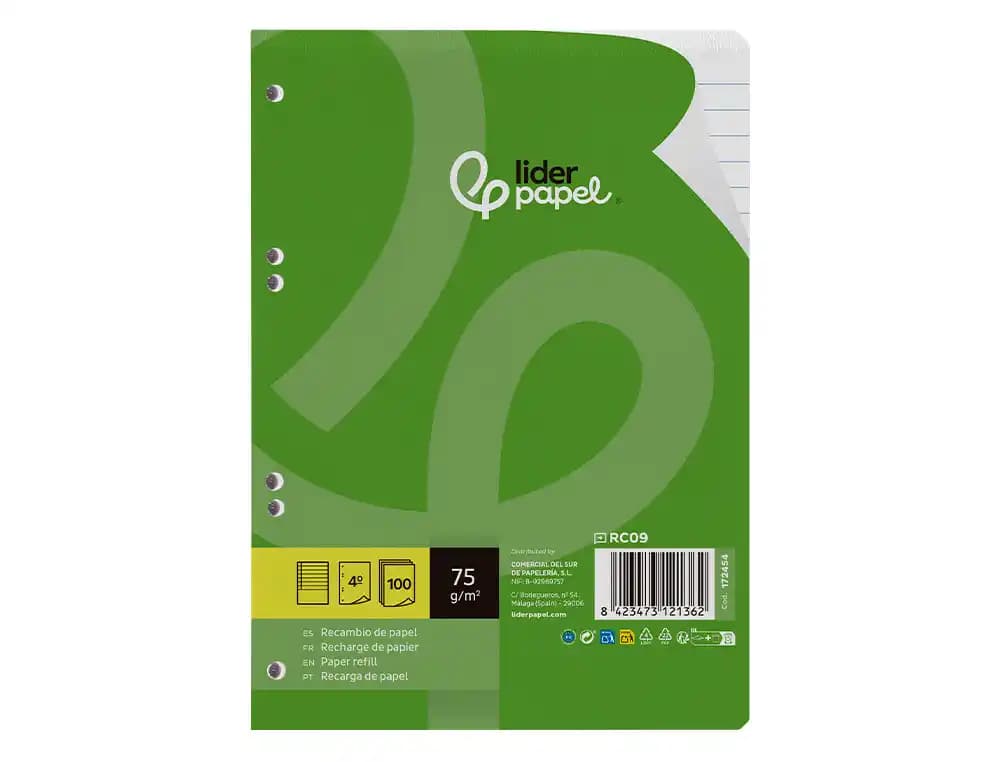 Recambio liderpapel din a5 100 hojas 75 gr horizontal con margen 6 taladros