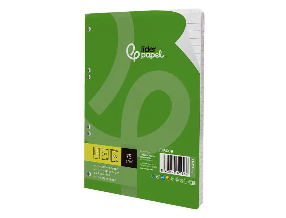 Recambio liderpapel din a5 100 hojas 75 gr horizontal con margen 6 taladros