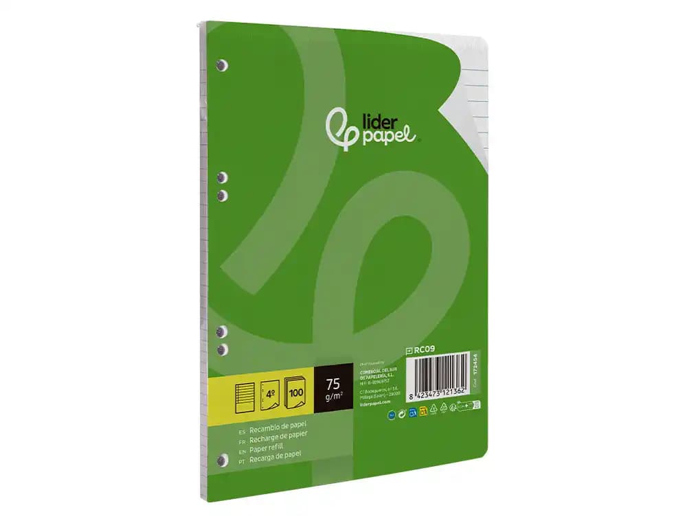 Recambio liderpapel din a5 100 hojas 75 gr horizontal con margen 6 taladros