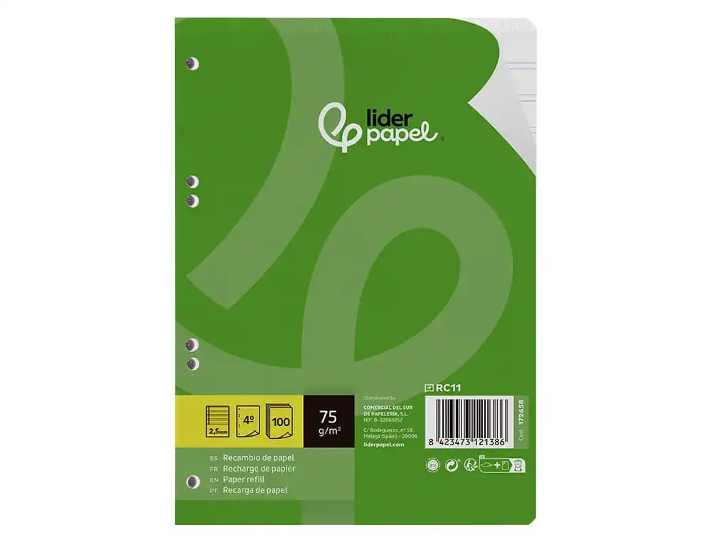 Recambio liderpapel a5 100 hojas 75gr pauta 5 2.5mm con margen 6 taladros