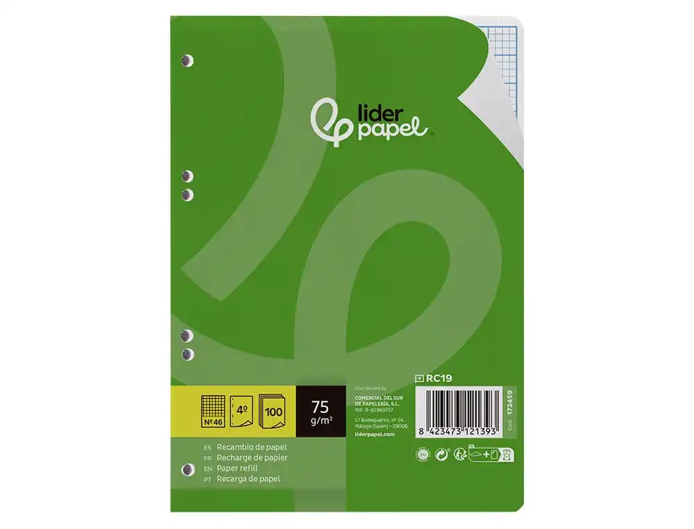Recambio liderpapel din a5 100 hojas 75gr rayado nº 46 6 taladros