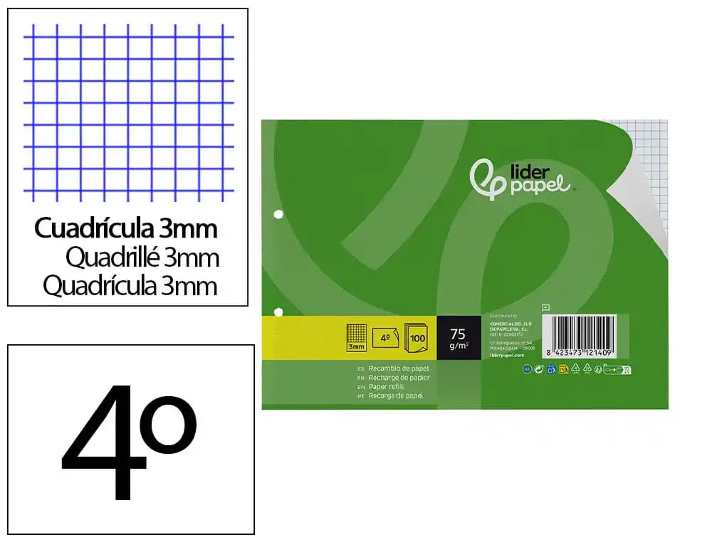 Liderpapel Recambio liderpapel apaisado 100 hojas cuadro 3 mm 2 taladros con margen