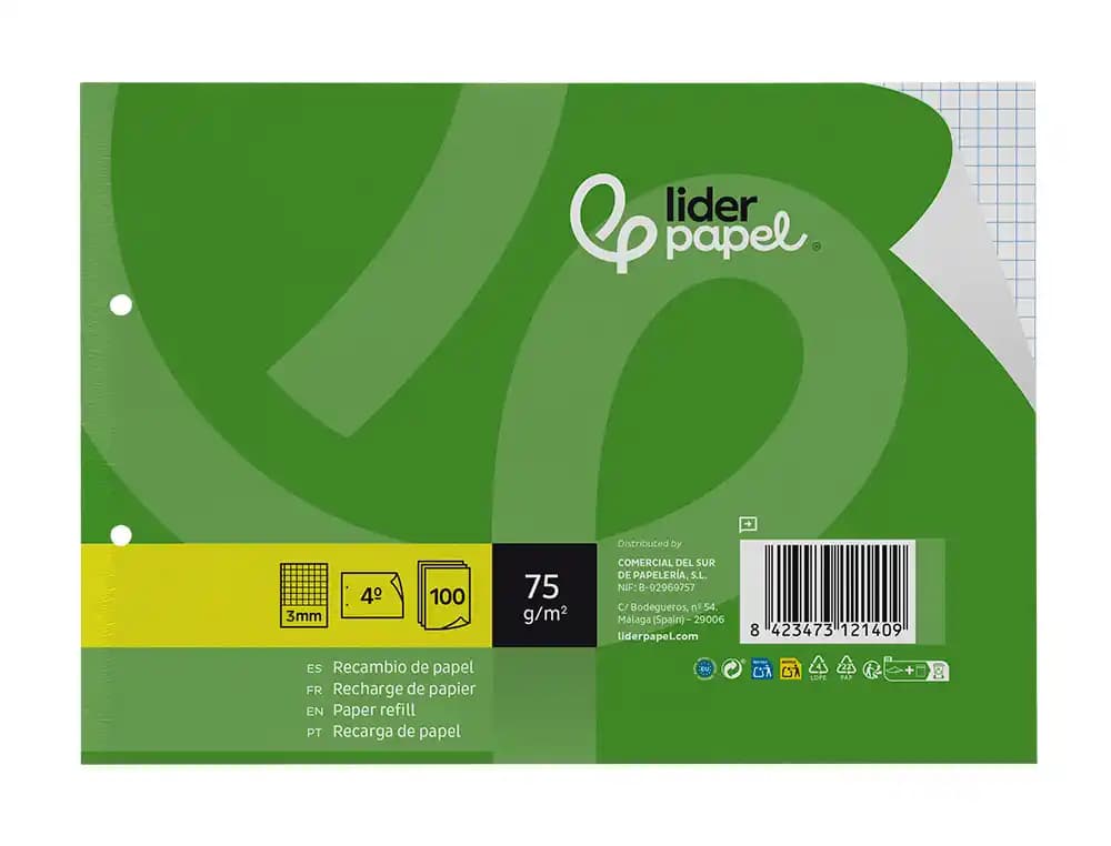 Recambio liderpapel din a5 apaisado 100 hojas 75 gr cuadro 3 mm 2 taladros con margen