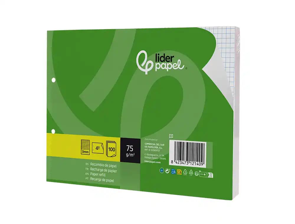Recambio liderpapel din a5 apaisado 100 hojas 75 gr cuadro 3 mm 2 taladros con margen