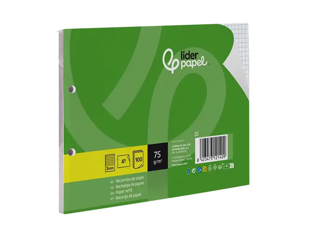 Recambio liderpapel din a5 apaisado 100 hojas 75 gr cuadro 3 mm 2 taladros con margen