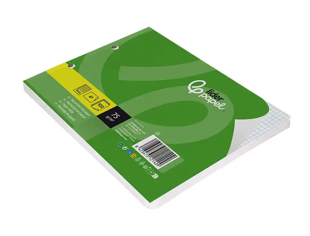 Recambio liderpapel din a5 apaisado 100 hojas 75 gr cuadro 3 mm 2 taladros con margen