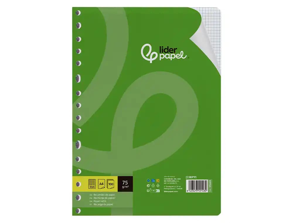 Recambio liderpapel a4 100 hojas 75gr cuadro 4mm con margen 16 taladros