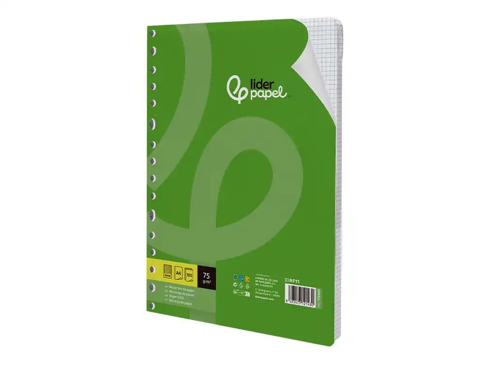 Recambio liderpapel a4 100 hojas 75gr cuadro 4mm con margen 16 taladros