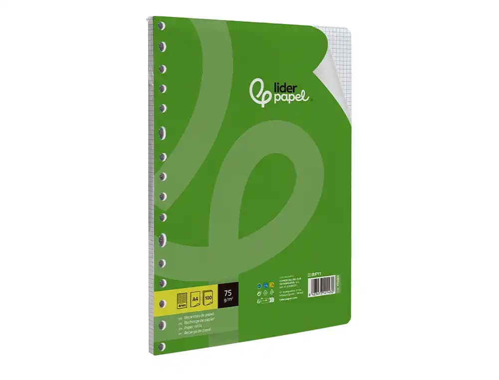 Recambio liderpapel a4 100 hojas 75gr cuadro 4mm con margen 16 taladros