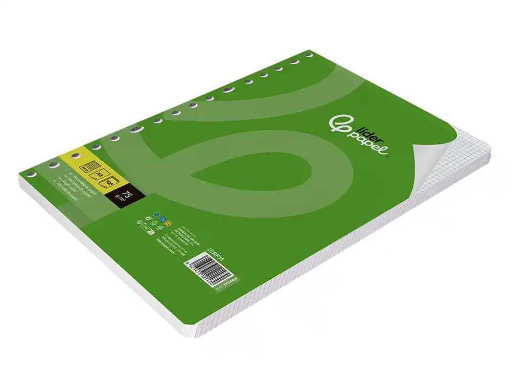 Recambio liderpapel a4 100 hojas 75gr cuadro 4mm con margen 16 taladros