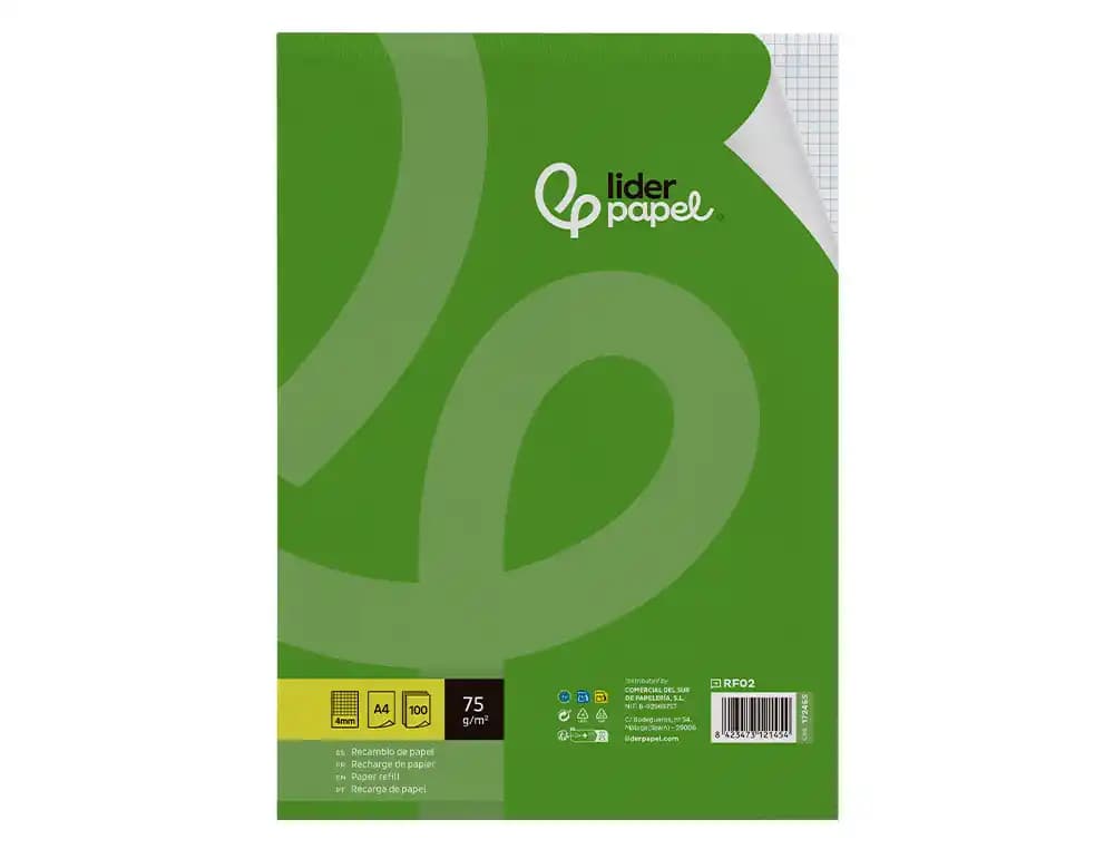 Recambio liderpapel a4 100 hojas 75gr cuadro 4mm con margen sin taladros