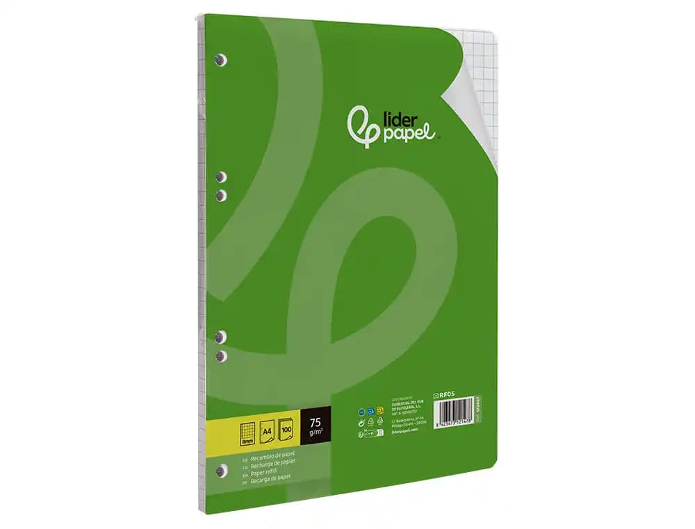 Recambio liderpapel a4 100 hojas 75gr cuadro 8mm con margen 4 taladros