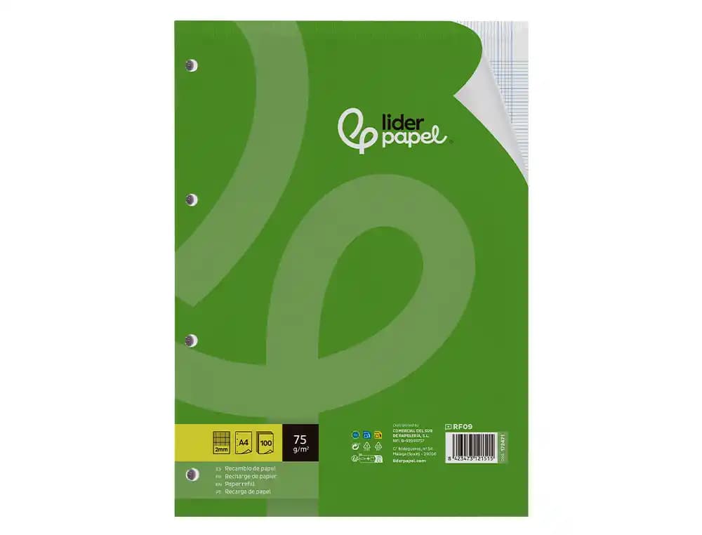 Recambio liderpapel a4 100 hojas 75gr milimetrado 2 mm sin margen 4 taladros