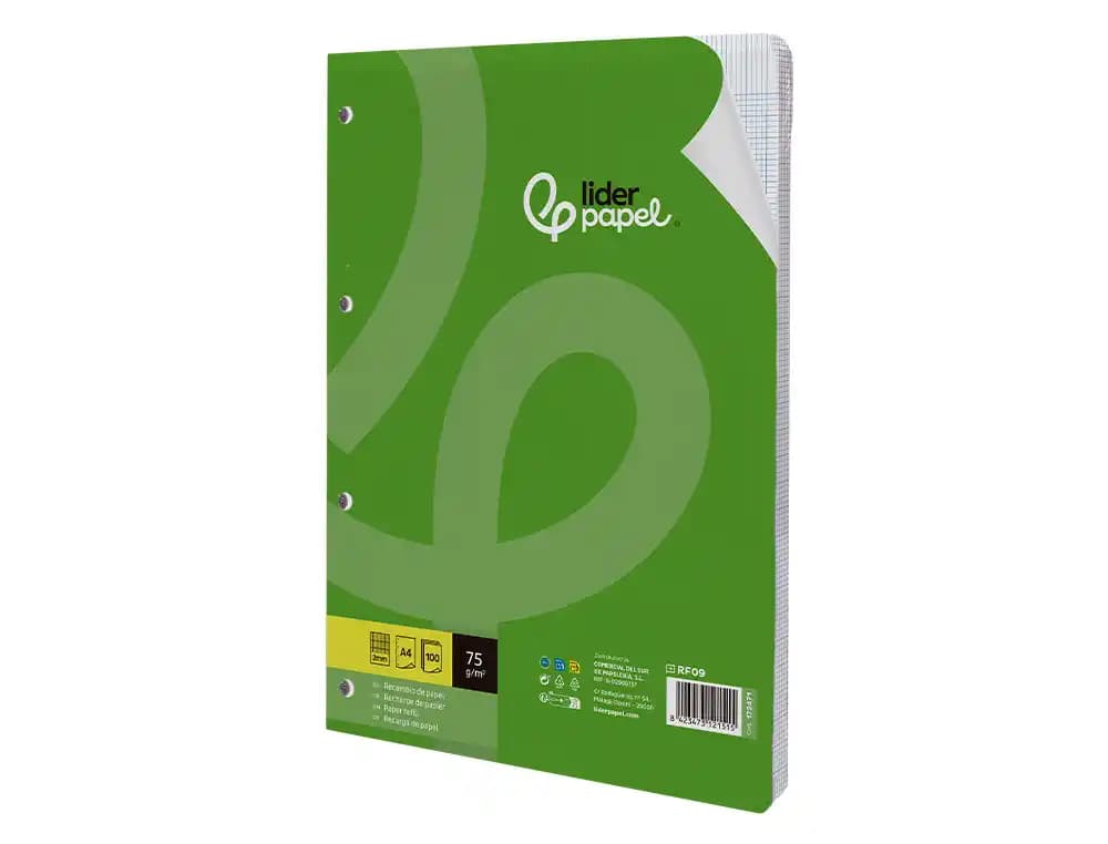 Recambio liderpapel a4 100 hojas 75gr milimetrado 2 mm sin margen 4 taladros