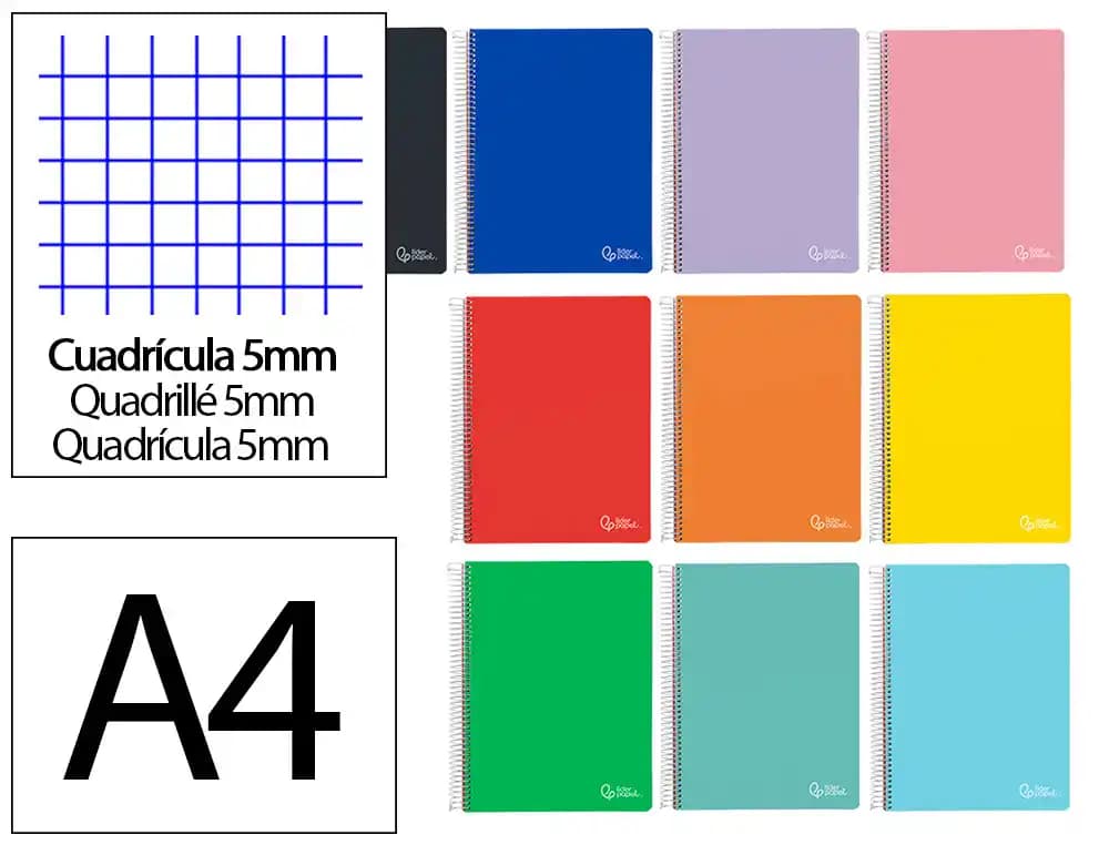 Cuaderno espiral liderpapel a4 micro witty tapa dura 120h 90gr cuadro 5mm 5 bandas 4 taladros colores surtidos