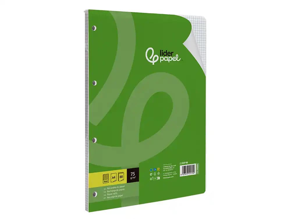 Recambio liderpapel a4 80 hojas 75gr cuadro 4 mm con margen 4 taladros