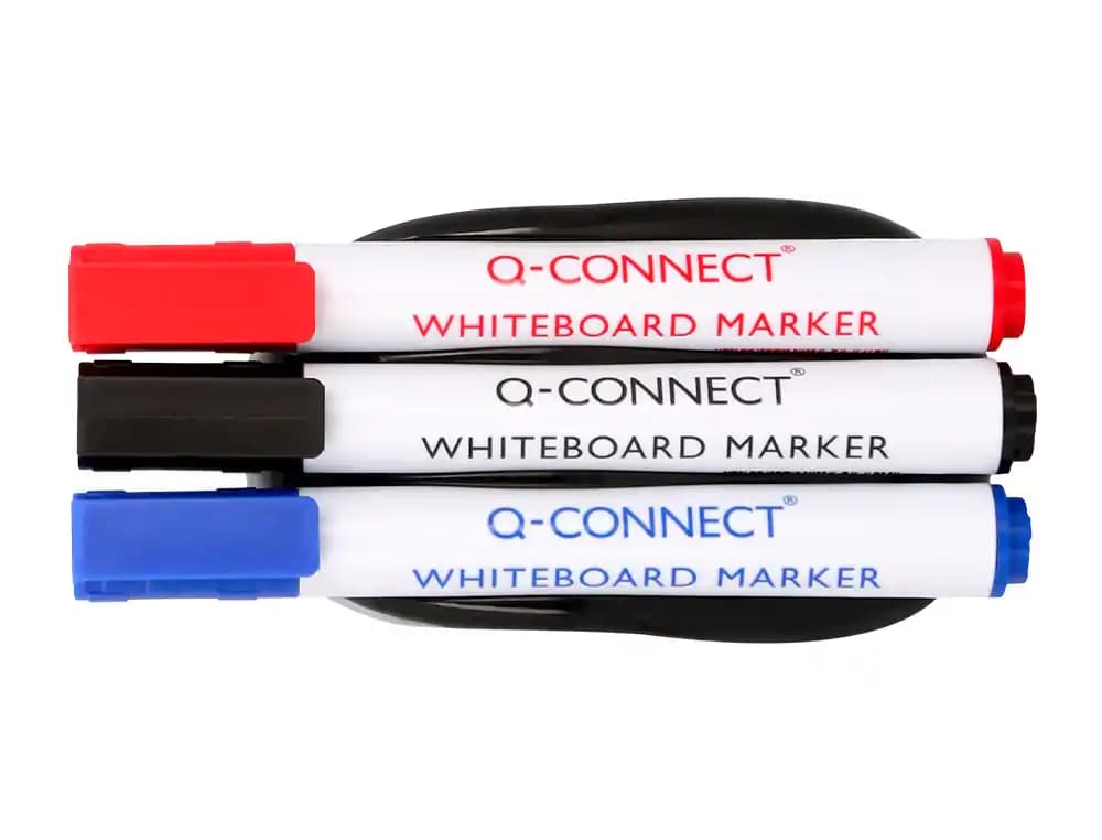 Borrador q-connect magnetico para pizarra blanca con 3 rotuladores azul negro y rojo