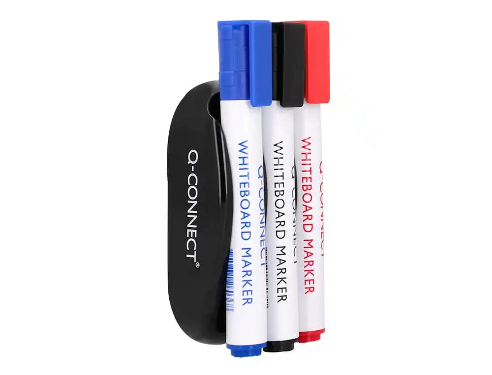 Borrador q-connect magnetico para pizarra blanca con 3 rotuladores azul negro y rojo