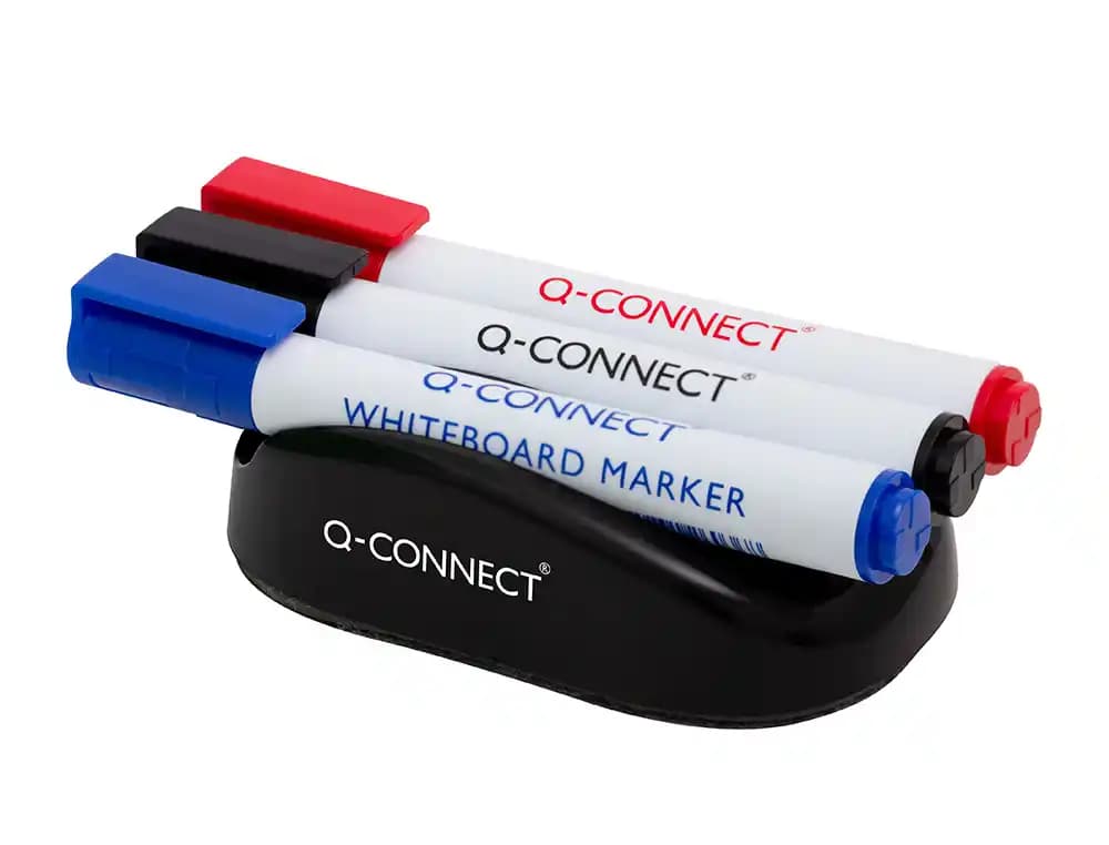 Borrador q-connect magnetico para pizarra blanca con 3 rotuladores azul negro y rojo