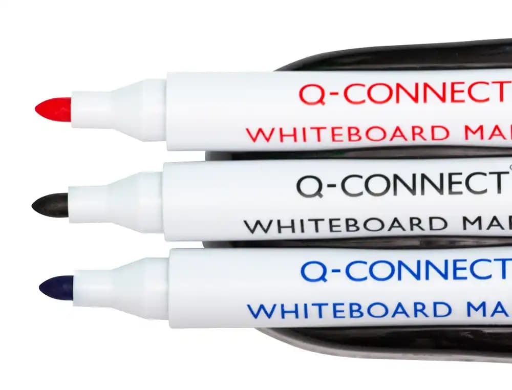 Borrador q-connect magnetico para pizarra blanca con 3 rotuladores azul negro y rojo