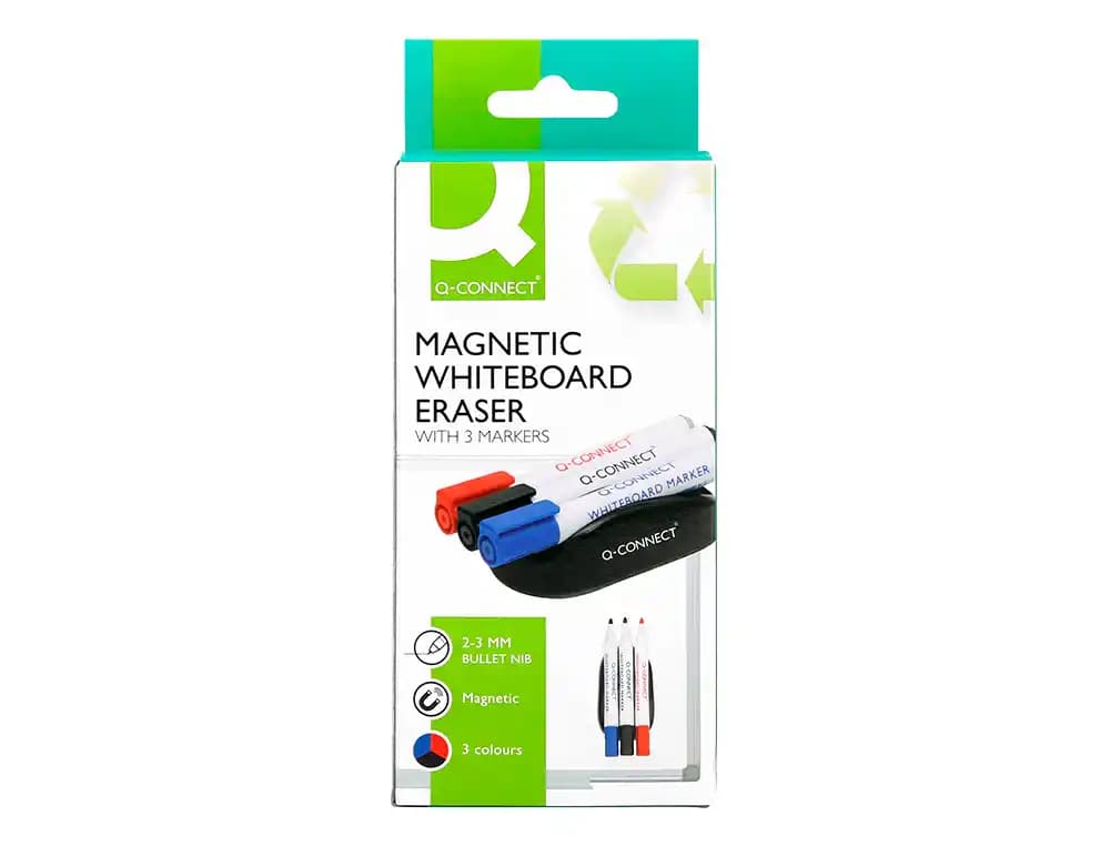 Borrador q-connect magnetico para pizarra blanca con 3 rotuladores azul negro y rojo