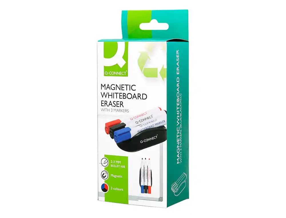 Borrador q-connect magnetico para pizarra blanca con 3 rotuladores azul negro y rojo