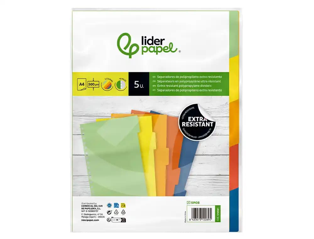 Separador liderpapel polipropileno juego de 5 separadores a4 multitaladro 500 micras