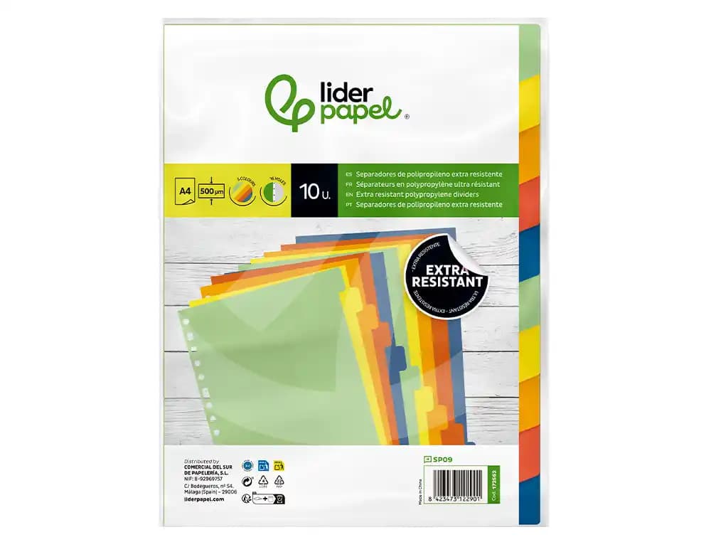 Separador liderpapel polipropileno juego de 10 separadores a4 multitaladro 500 micras