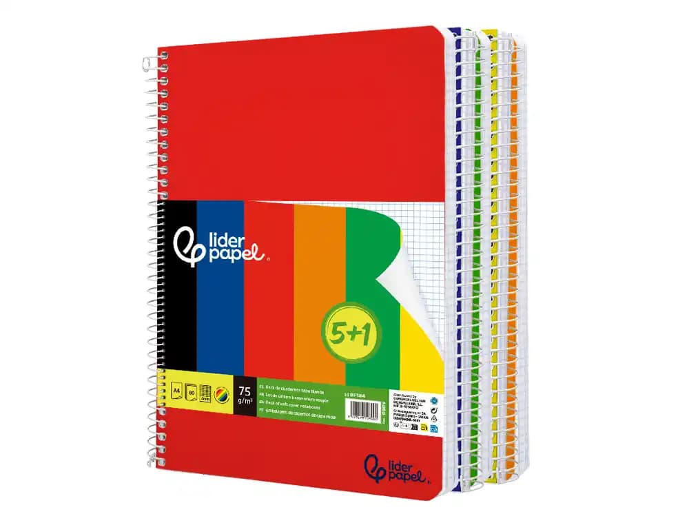 Cuaderno espiral liderpapel a4 smart tapa blanda 80h 75gr cuadro 4 mm con margen pack 5+1 colores surtidos