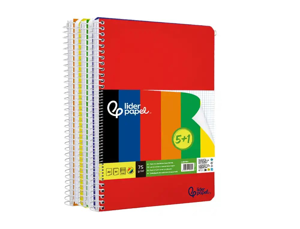 Cuaderno espiral liderpapel a4 smart tapa blanda 80h 75gr cuadro 4 mm con margen pack 5+1 colores surtidos