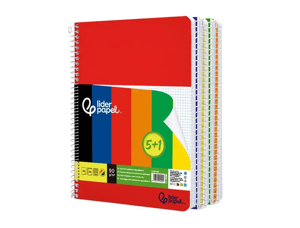 Cuaderno espiral liderpapel a4 wonder tapa plastica 80h 90gr cuadro 4mm con margen pack 5+1 colores surtidos