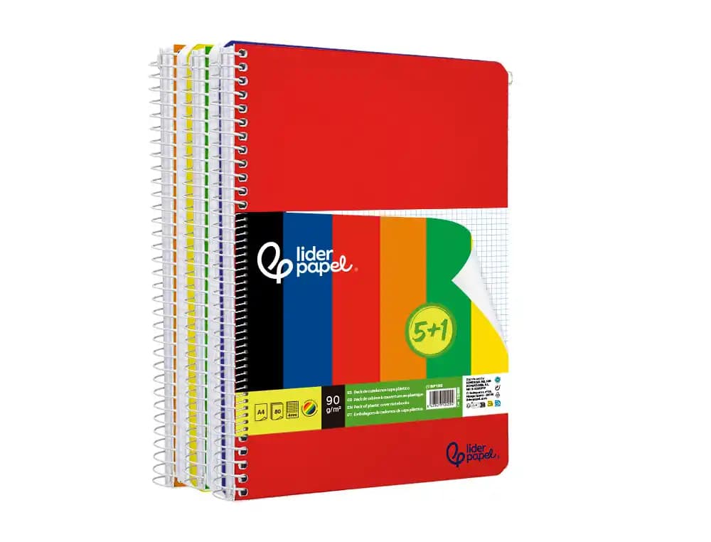 Cuaderno espiral liderpapel a4 wonder tapa plastica 80h 90gr cuadro 4mm con margen pack 5+1 colores surtidos