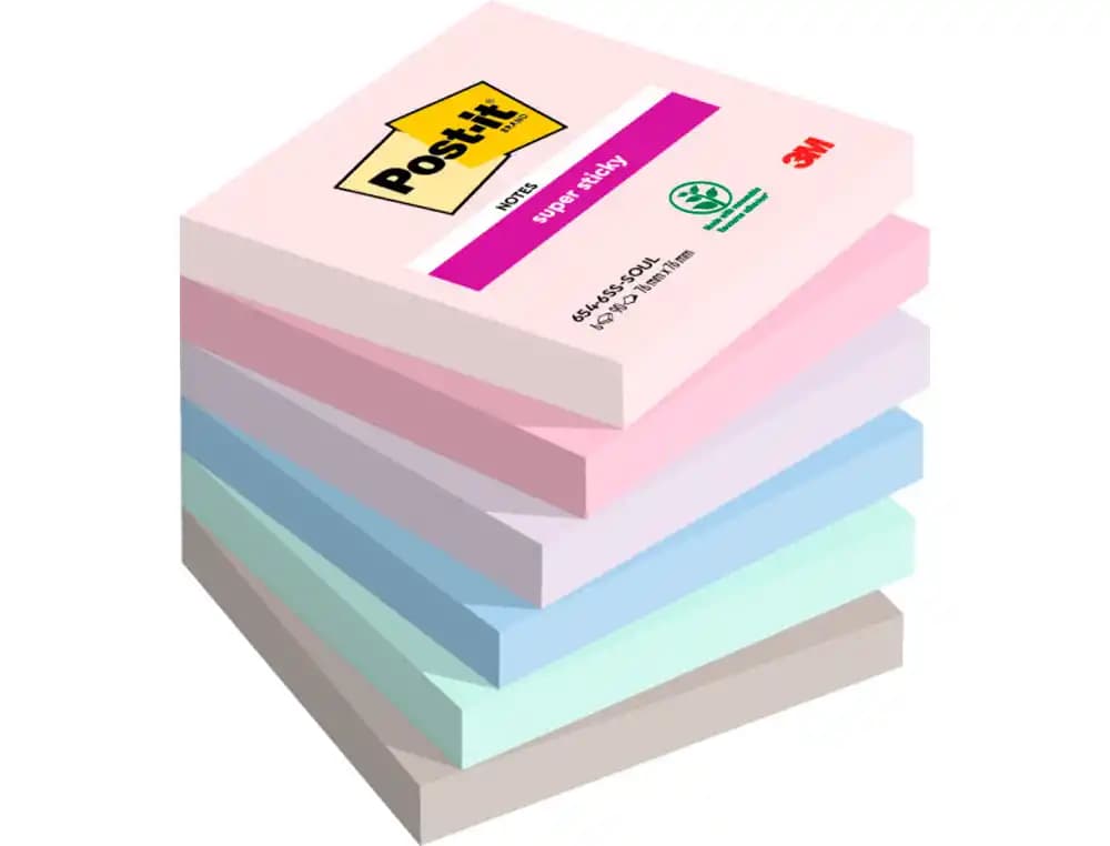 Post-it Bloc de notas adhesivas quita y pon Post-it super sticky soulful 100% pefc 76x76 mm pack de 6 blocs colores