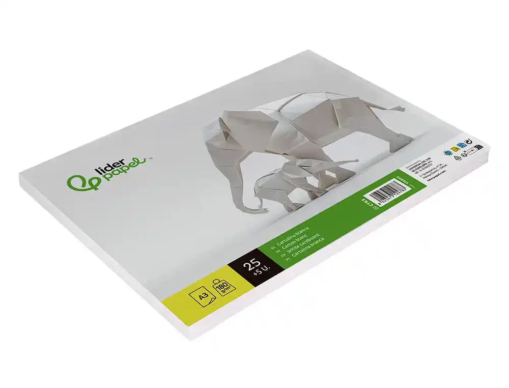 Cartulina liderpapel a3 180g/m2 blanco paquete de 25+5 hojas en carpeta dossier transparente con cierre