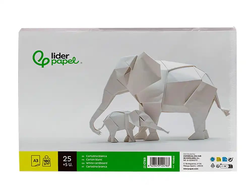 Cartulina liderpapel a3 180g/m2 blanco paquete de 25+5 hojas en carpeta dossier transparente con cierre