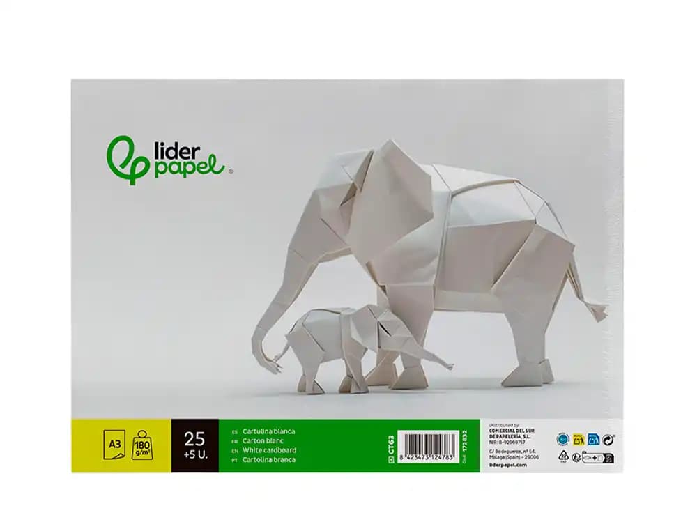 Cartulina liderpapel a3 180g/m2 blanco paquete de 25+5 hojas en carpeta dossier transparente con cierre