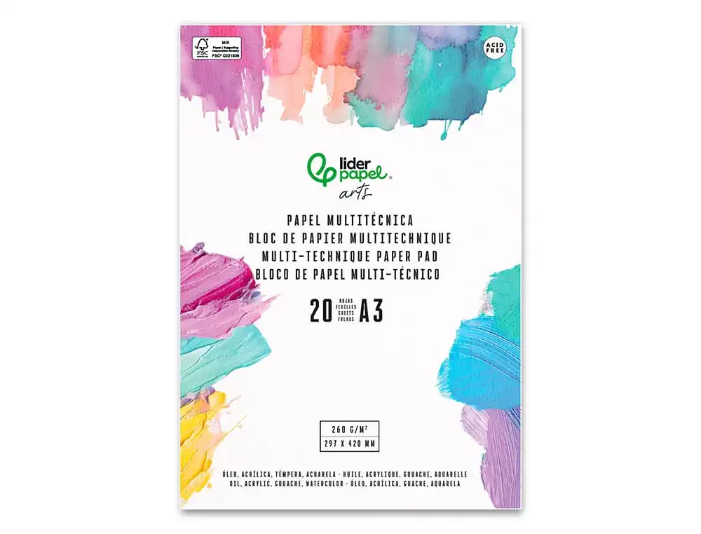 Bloc papel multitecnica liderpapel para acrilico oleo y gouache 20 hojas gramaje 260g/m2