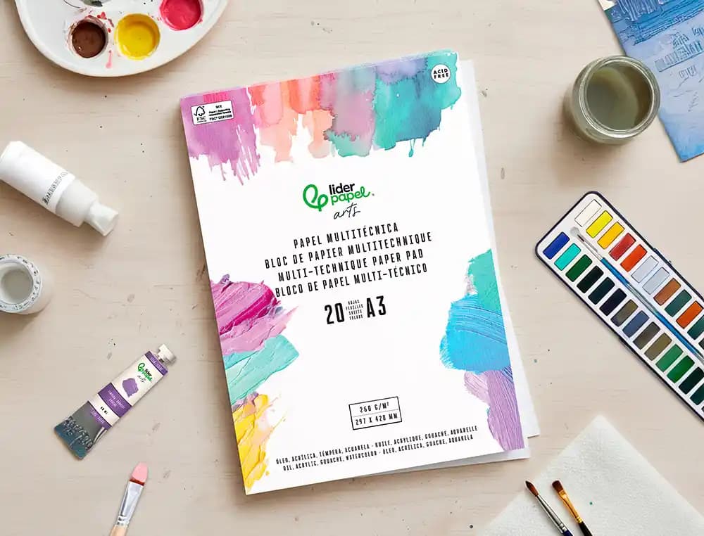 Bloc papel multitecnica liderpapel para acrilico oleo y gouache 20 hojas gramaje 260g/m2
