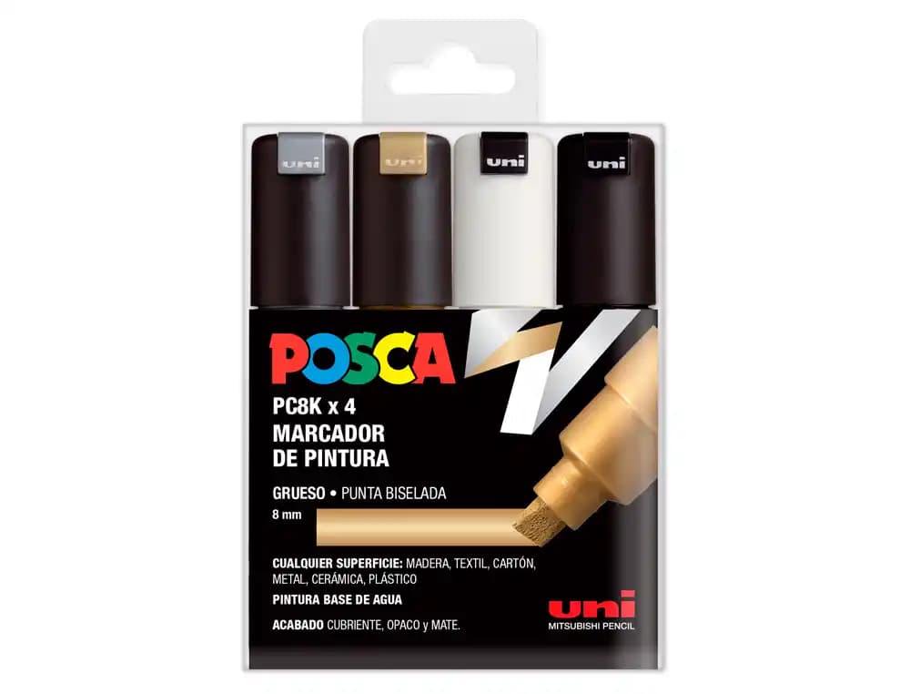 Posca Rotulador uni posca pc-8k/4c marcador de pintura punta biselada 8 mm blister de 4 unidades colores surtidos