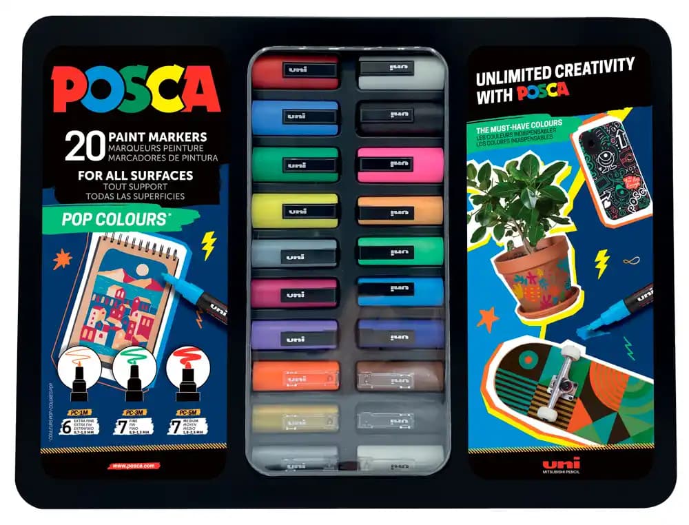 Posca Rotulador uni posca pop colours marcador de pintura punta conica maletin metalico de 20 unidades colores