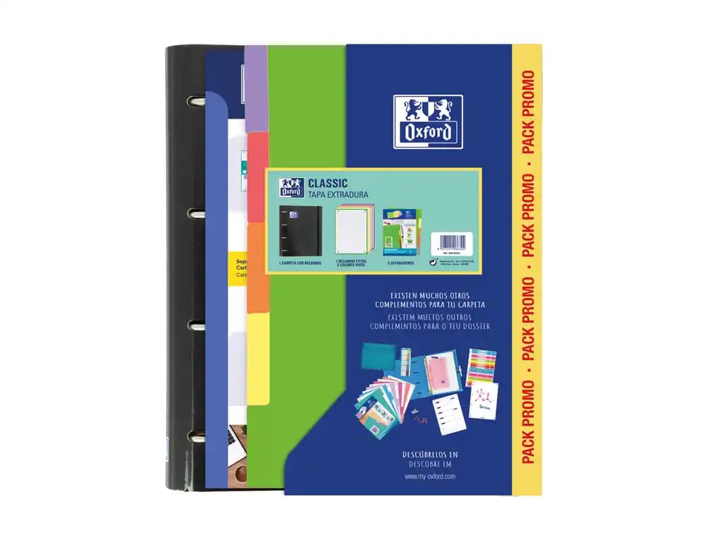 Oxford Carpeta con recambio oxford ebinder school din a4+ 4 anillas 35 mm recambio 80 h cuadro 5 mm + juego 5