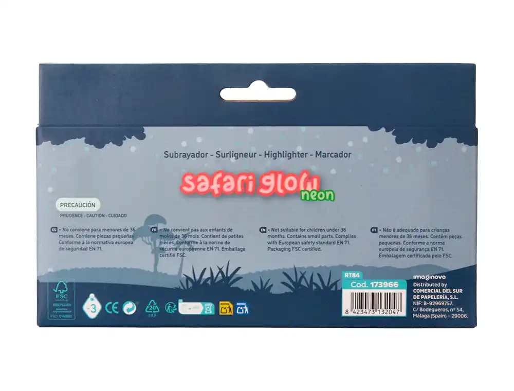 Rotulador imaginovo fluorescente safari glow neon animales y clip caja de 6 unidades surtidas