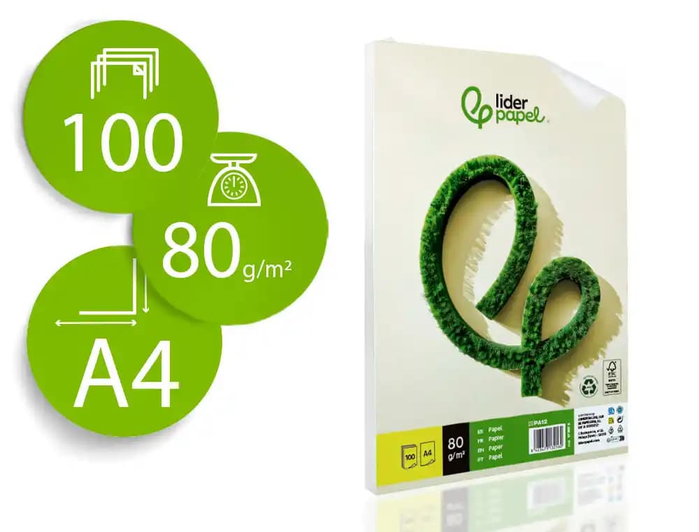 Liderpapel Papel liderpapel a4 80g/m2 reciclado liso paquete de 100 hojas