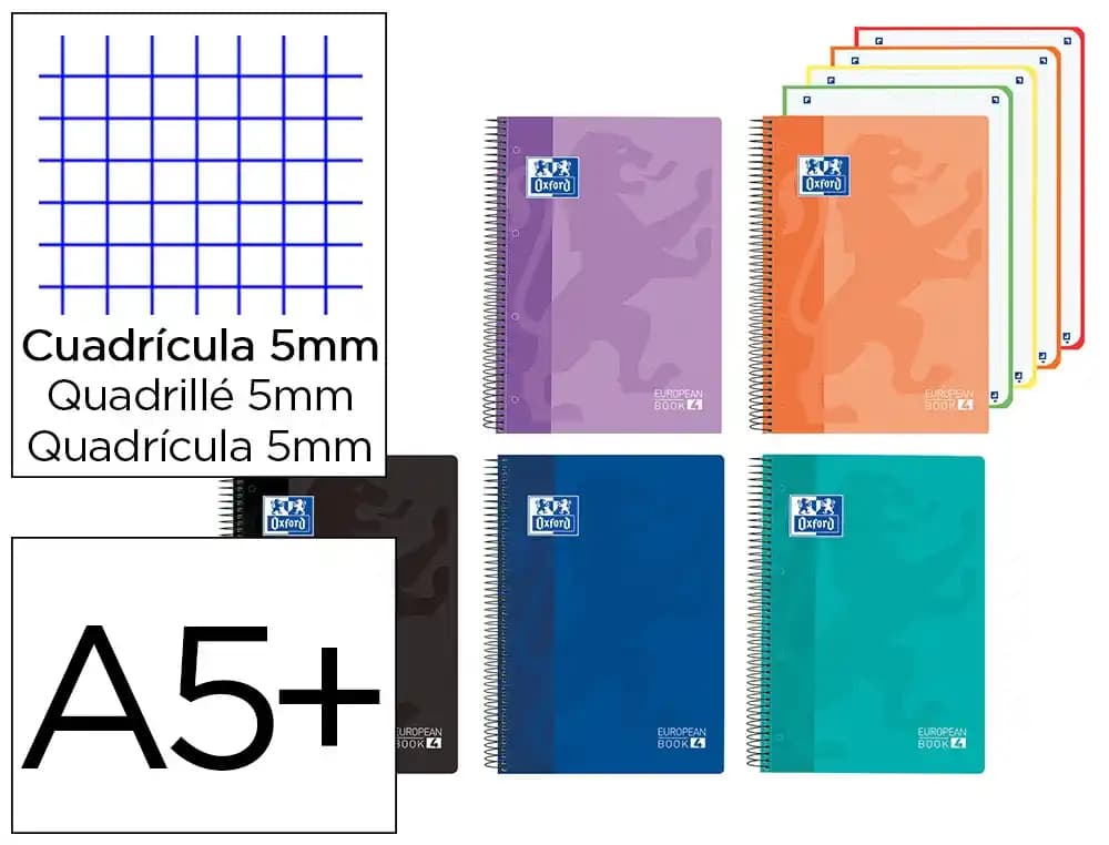 Oxford Cuaderno espiral Oxford europeanbook 4 classic tapa plástico DIN A5+ 120 hojas cuadro 5 mm colores vivos