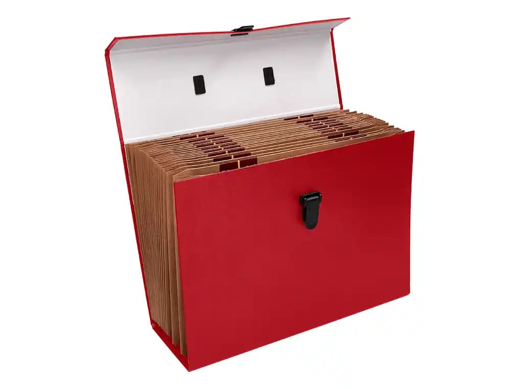 Maletin liderpapel con fuelle y asa carton forrado 19 departamentos 255x390x120 mm colores