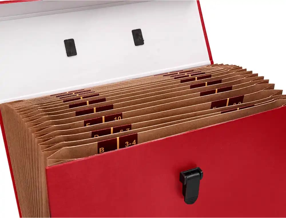 Maletin liderpapel con fuelle y asa carton forrado 19 departamentos 255x390x120 mm colores