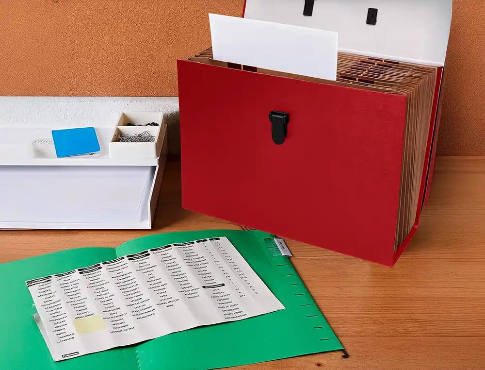 Maletin liderpapel con fuelle y asa carton forrado 19 departamentos 255x390x120 mm colores