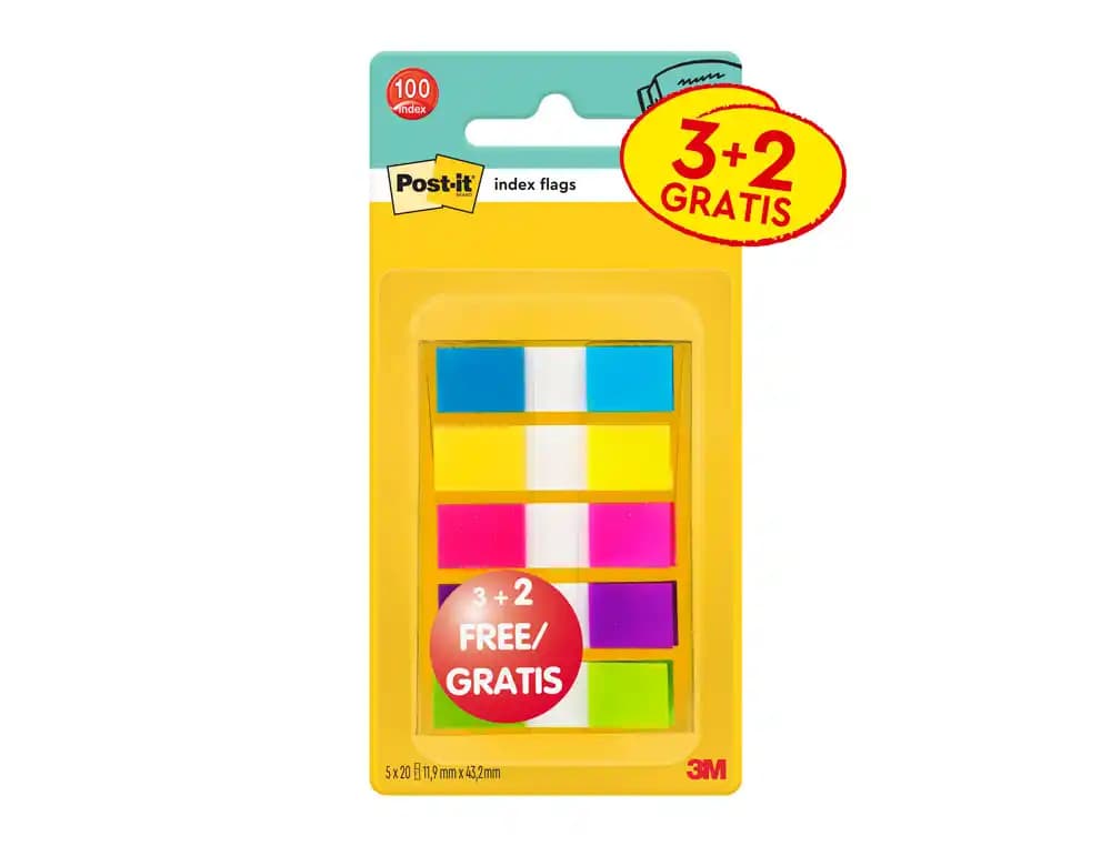 Post-it Banderitas separadoras Post-it pequeña 11,9x43,2 mm dispensador 60 hojas+40 hojas gratis 5 colores surtidos