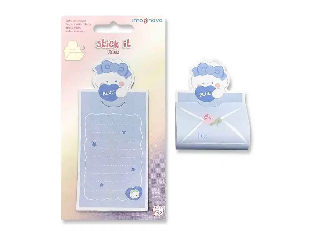 Notas adhesivas Imaginovo Letter conejito con mensaje trasero, 20 hojas de 85 × 164 mm – Azul